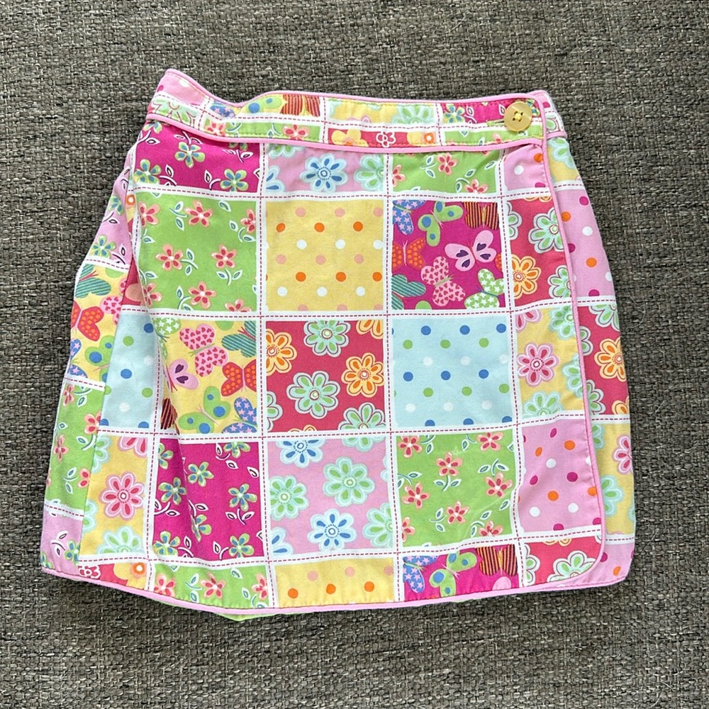 Talbots Kids Girls Pink Green Floral Butterfly Patchwork Faux Wrap Skirt 2